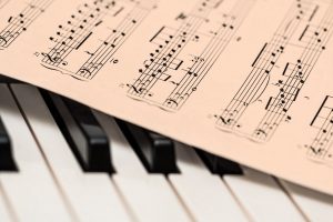 A page of sheet music on top of piano keys